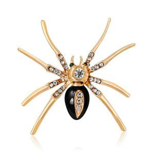 Brooch Spider Enamel & Clear Crystal Rhinestones Gold Tone